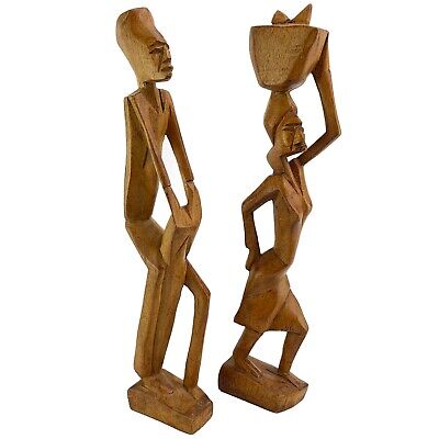 Pair of African Folk Art, Hand Carved Wood Man & Woman, Tribal Figures Haiti 10”