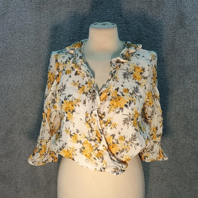 Miss Selfridge Chiffon Yellow Floral Crop Top Wrap Over Long  Frill Neck Uk 12
