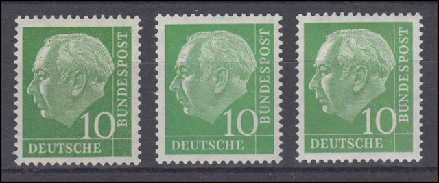 183xv Heuss 10 Pf.: Farbvarianten-Set mit 3 Farbtönungen, alle ** postfrisch