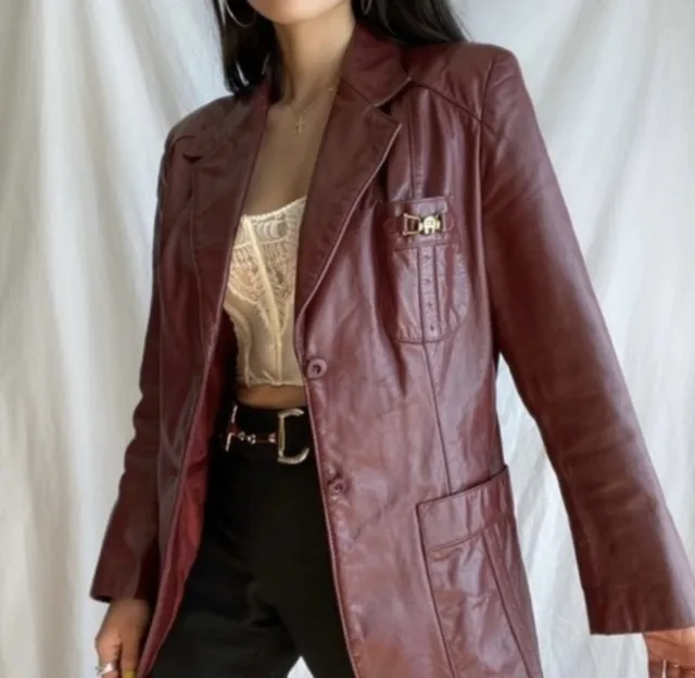 Vintage Etienne Aigner Women’s Burgundy Oxblood Leather Coat Button Up Size 14