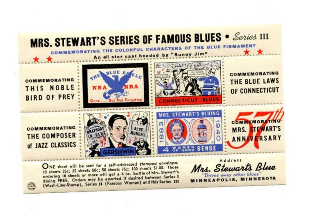 Vintage Poster Stamp Label mini sheet MRS STEWARTS BLUING Famous Blues Ser 3
