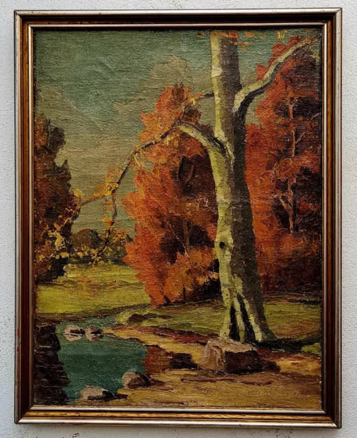 Wunderschönes antikes Ölgemälde Kunstwerk Malerei Oil Painting Wald Herbst See