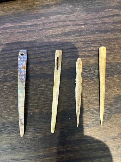 Antique Lot 4 Sewing Needle Vintage Carved Bovine Bone/ Abalone Shell Tool