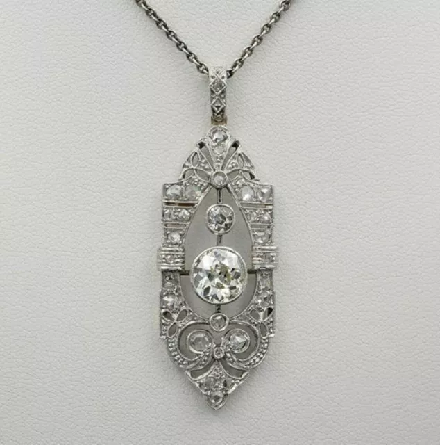 Art Deco Old European Lab Created Diamond Edwardian Wedding 925 Silver Pendant