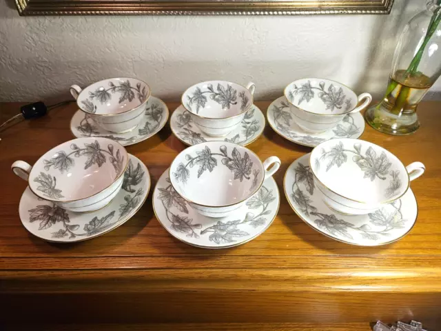 6-Wedgwood ASHFORD W4106 Teacups Cups & Saucers Sets Leaves-Gold Trim-Bone China