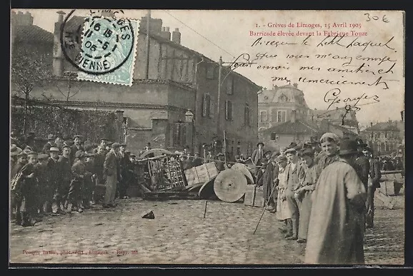 CPA Limoges, Grèves de Limoges, 15 Avril 1905, Barricade élevée devant la Fabri