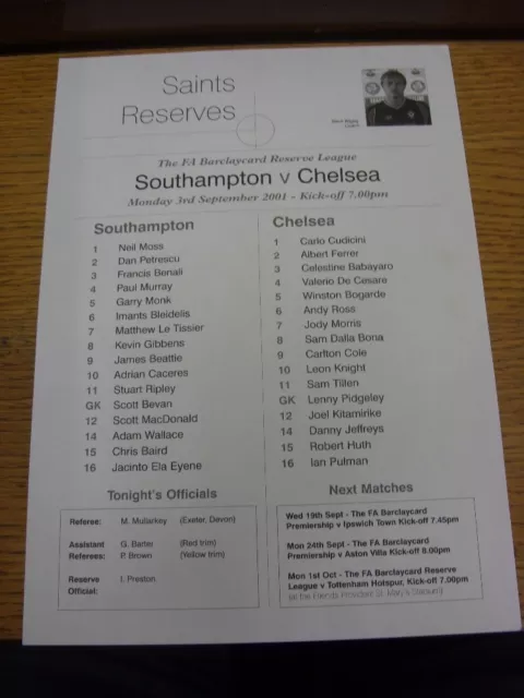 03/09/2001 Southampton Reserves v Chelsea Reserves  (single sheet). Thanks for v