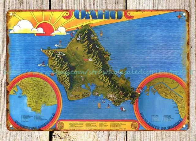 1974 map of Oahu metal tin sign girl bedroom decorating ideas