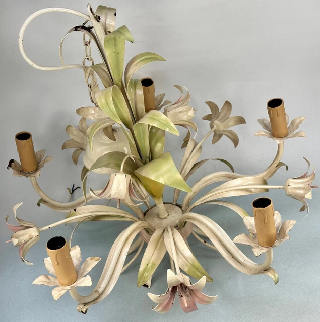 Vintage French Large 5 Arm Toleware Ceiling Light with Metal Flowers & Leaves Vintage French Large 5 Arm Toleware Ceiling Light with Metal Flowers & Leaves