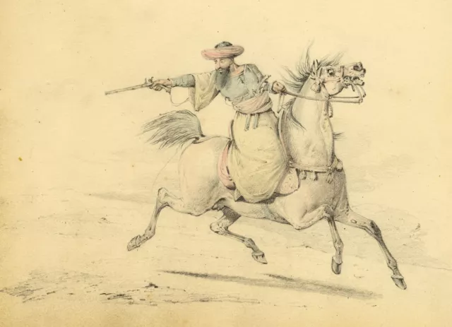 Turkish Warrior on Horseback – Original early 19th-century watercolour painting