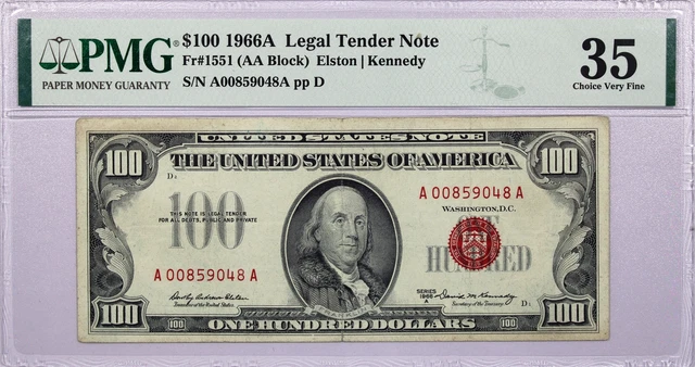 Series 1966 A $100 Legal Tender Note Red Seal Fr#1551 AA Block PMG Choice VF35