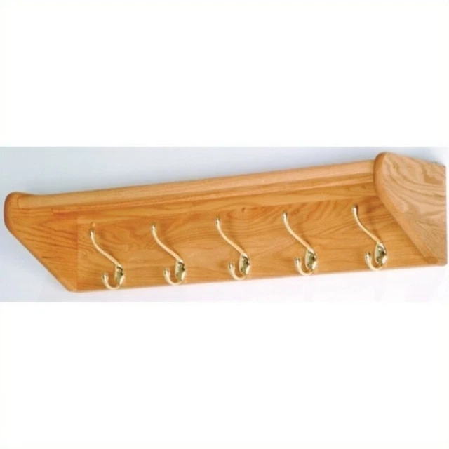 Wooden Mallet Hat and Coat Rack with 5 Brass Hooks in Light Oak