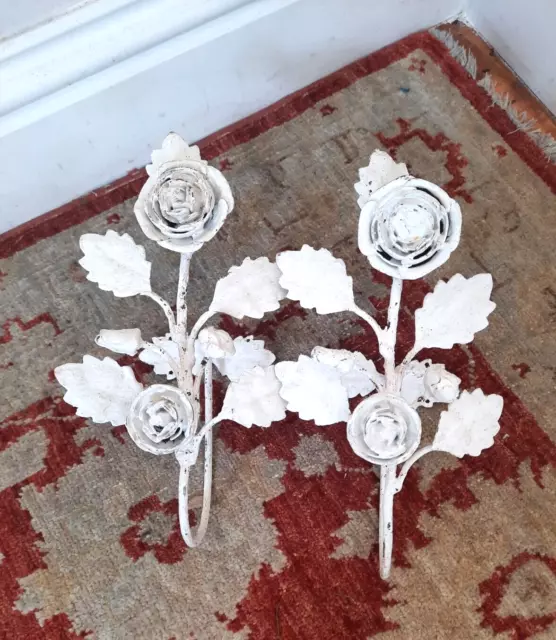 Vintage Pair of White Painted Metal Floral Curtain Tiebacks