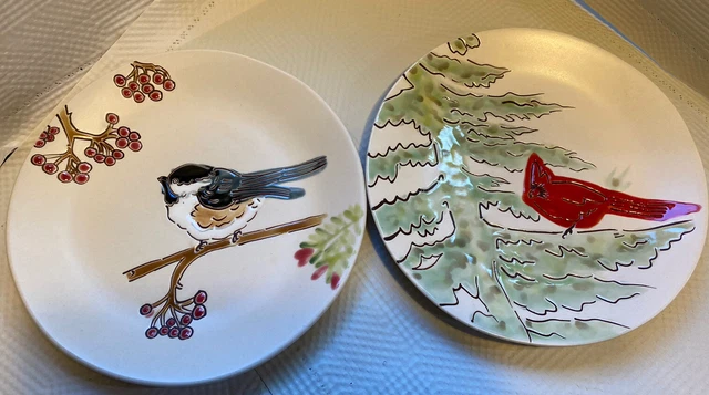 Pottery Barn Floral Embossed Bird Dinner Plates 8  1/4” 3D Glazed Cardinal