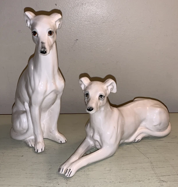 VTG Pair Whippet Dog Figurine Statue 7.5” Japan Handpainted Ceramic Greyhound