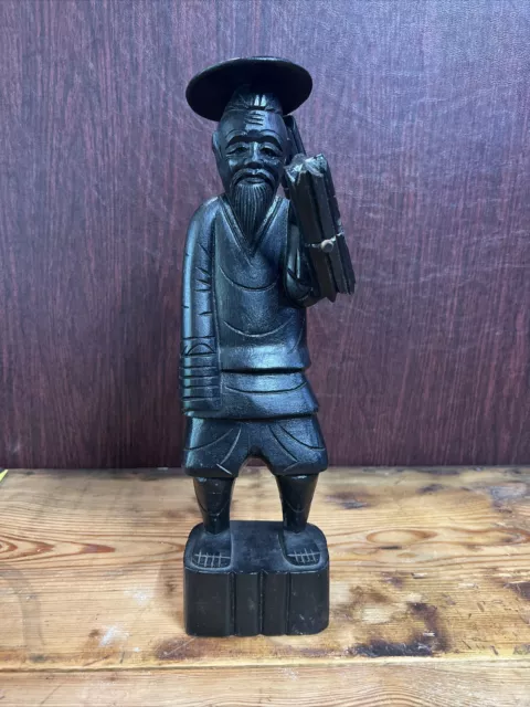 vintage 100% wooden carved hand made Asian farmer man statue