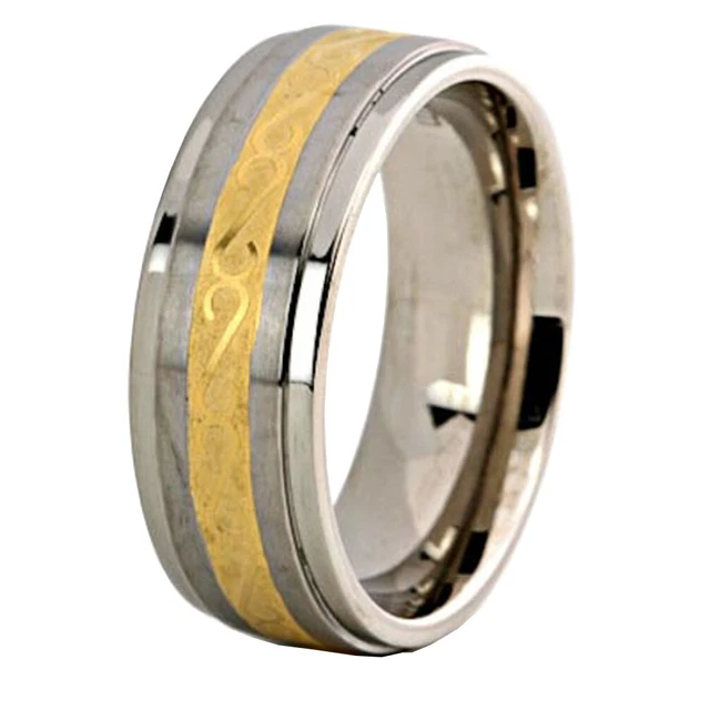 8mm Titanium Ring Gold Celtic Scroll Comfort fit Men's Wedding/Engagement Band