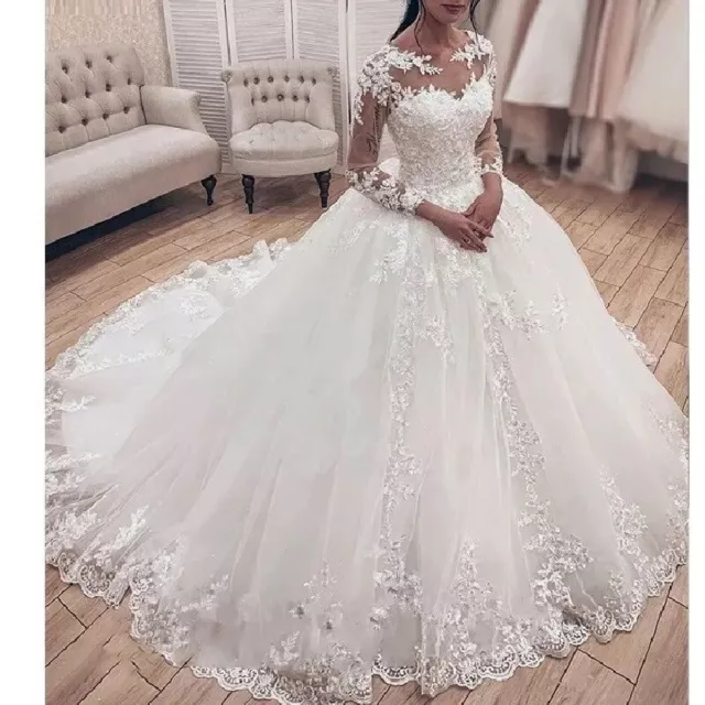 Plus Size Wedding Dress Long Sleeve O neck Lace beading A Line Bridal Gown Train