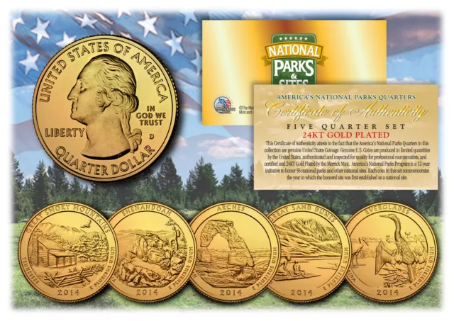 2014 America The Beautiful 24K GOLD PLATED Quarters Parks 5-Coin Set w/Capsules