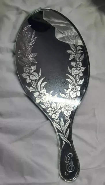 Antique Etched Glass Vanity Hand Frameless Mirror Stunning Rare 12"