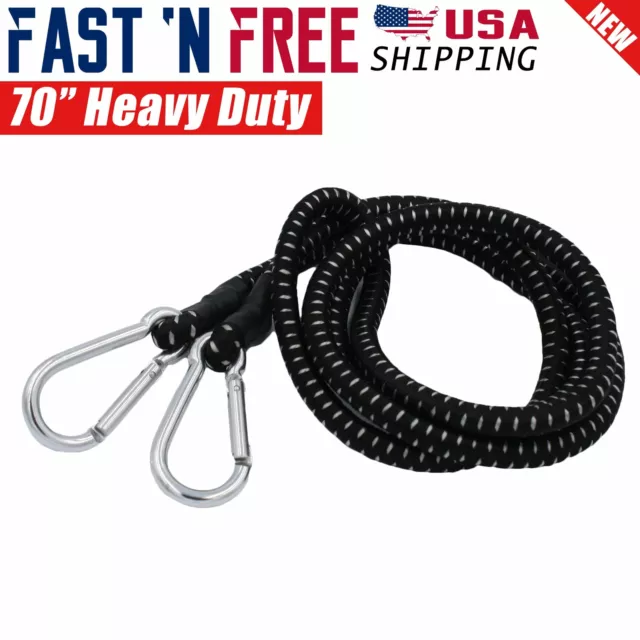 70" inch Extra Long Heavy Duty Bungee Cord Black with Carabiner Hooks Bulk