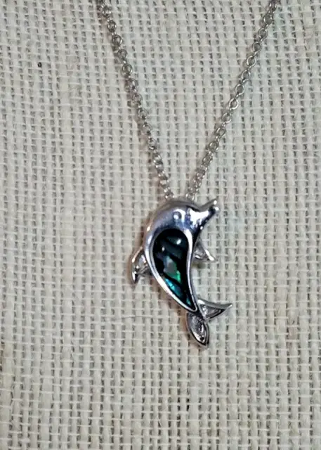 Vintage Silver Tone Metal Abalone Shell Dolphin Pendant Necklace Costume Fashion