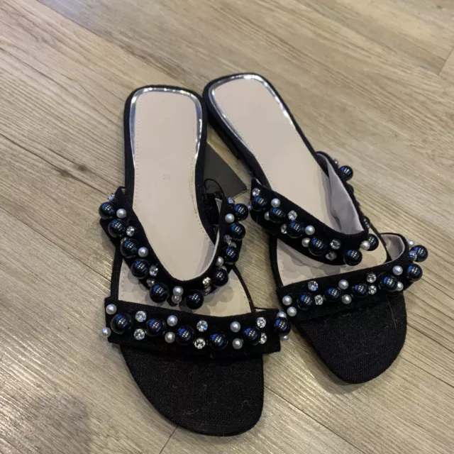 ZARA NEW LADIES Bead pearl Jewel Black flat Sandals Size 39 6 19.50 PicClick UK
