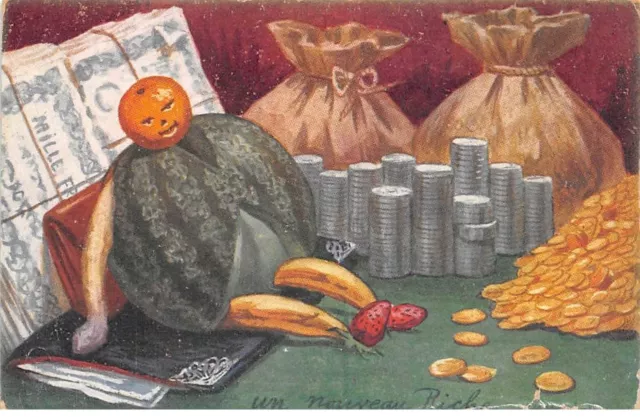 Illustrateur - n°88506 - Un Nouveau Riche - Fruits humanisés près de pièces