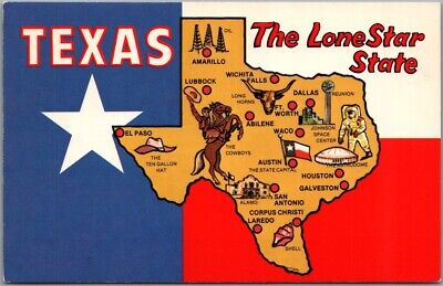 TEXAS State Map Comic Greetings Postcard "The Lone Star State" Unused / 1982