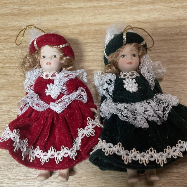 VTG Miniature Porcelain Bisque Fashion Doll Ornament Pair Green Red hanging