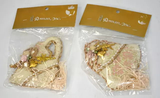 Victorian Ornaments PAIR Bell Bag Brocade Cherub Vtg Tassel NOS Roman Inc NEW