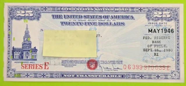 May 1946- $25 US Savings Bond Series E Independence Hall Philadelphia Punch Card
