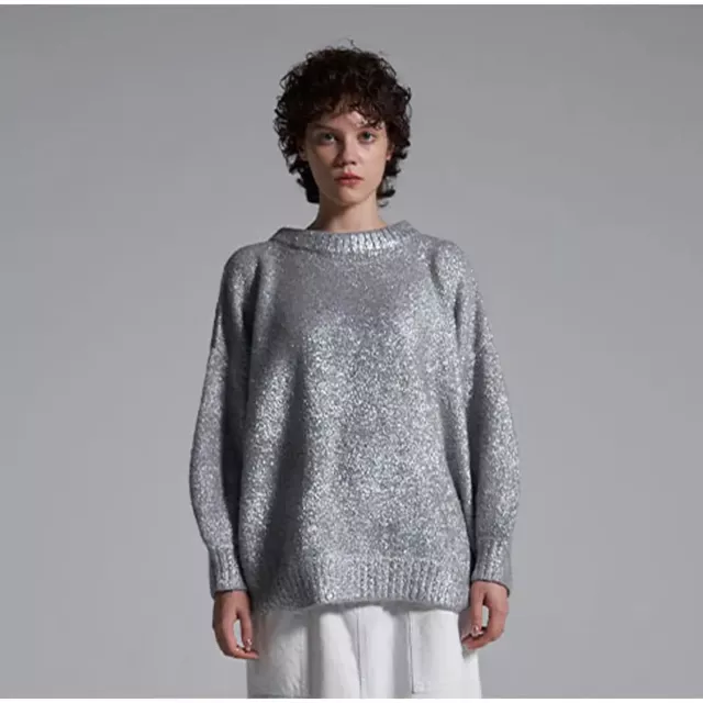 Metallic Knitted Sweater, Women's High Fashion Gold Knitted Sweater, Silver