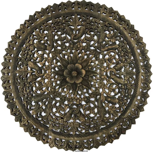 Round Wood Carved Wall Art Panels. Large Asian Wood Wall Decor. Black Wash, 36"