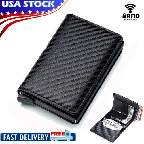 RFID Blocking Leather Carbon Fiber Mens Wallet  Purse Slim ID Credit Card Holder