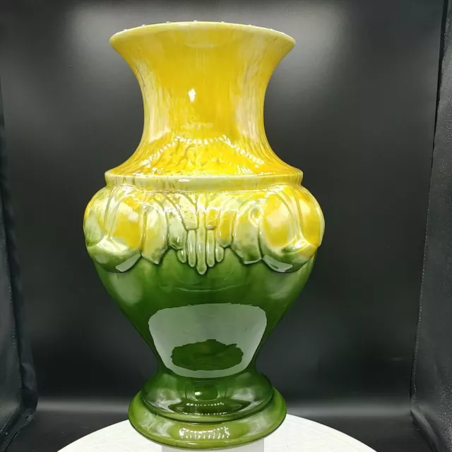 Vintage HAEGER USA Art Pottery Vase Green & Yellow Drip Glaze 12" Art Nouveau