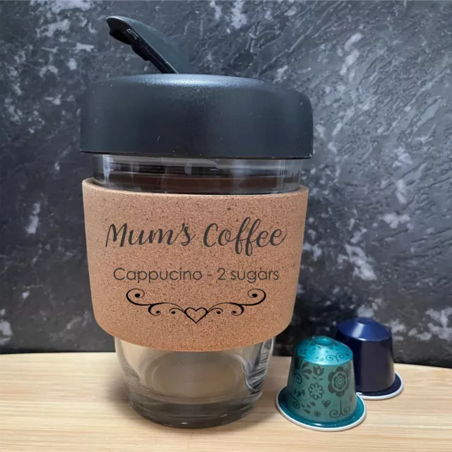 Personalised Mothers Day Coffee Keep Cup, Glass Mug Engraved Cork Band Mum Gift