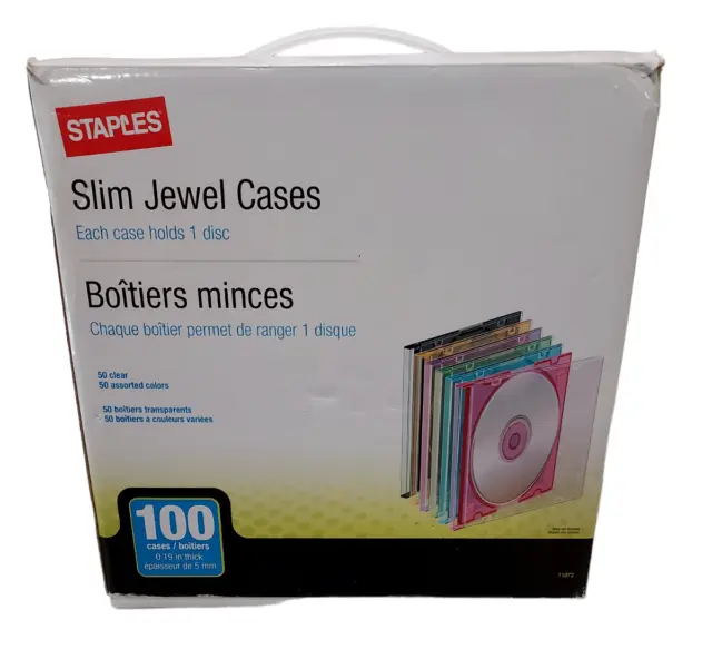 Staples Slim Jewel Cases 90/Pack - In BOX 50 Clear & 40 Assorted Colors