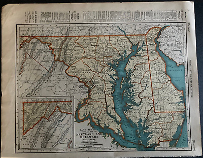1938 Collier's World Atlas & Gazetteer - 11 x 14 Map Maine & Maryland / Delaware