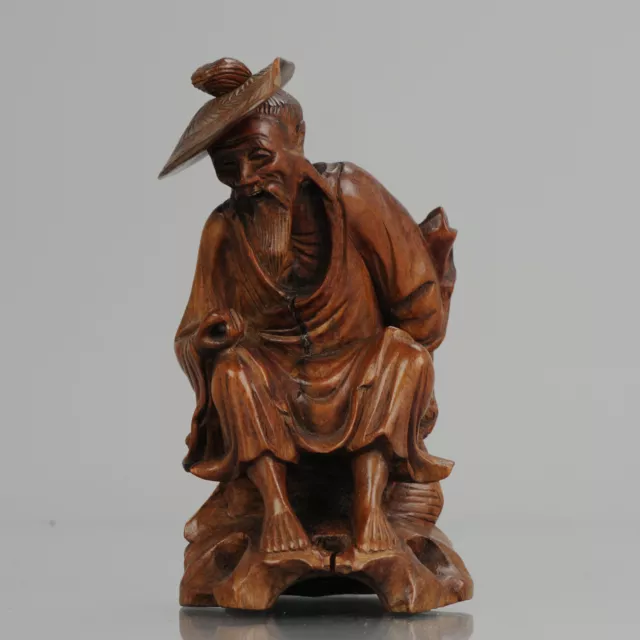 20th c Chinese Carved Wood Statues of a Wise Man Great carving