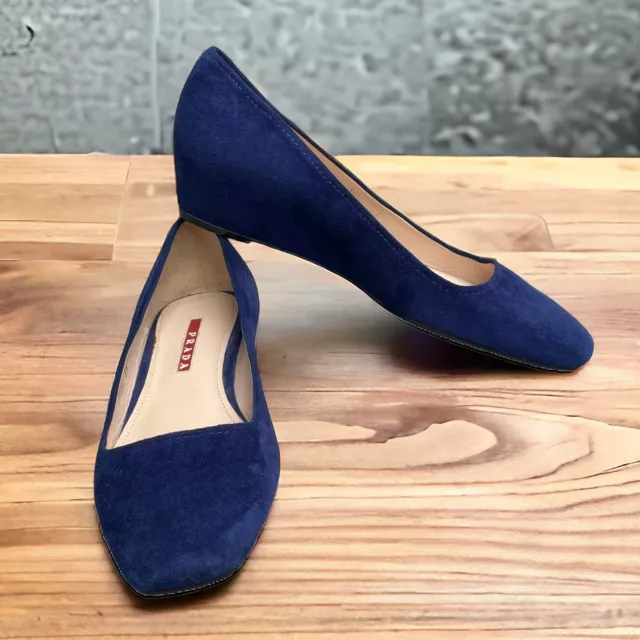 Prada Suede Pumps Women Wedge Shoes Square Toe Blue size 37 1/2  EU 7 US Worn 1X