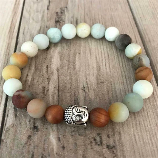 8mm Amazonium Gemstone Sandalwood Silver Buddha Mala Bracelet Unisex Monk Yoga