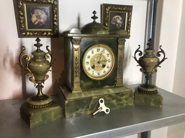 Antique 19th Green Onyx Three Piece Clock Garniture Lamuel Marti Paris 2