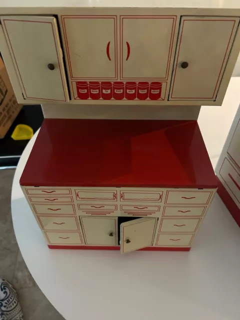 Vintage 1950s Wolverine Tin Litho Red & White Kitchen Cabinet Child Toy Playset