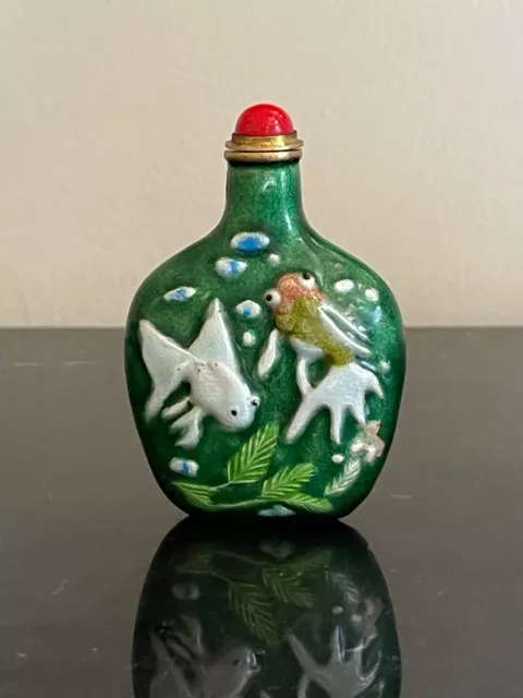 Vintage Chinese Brass Green Enamel Painted Koi Fish Snuff Bottle