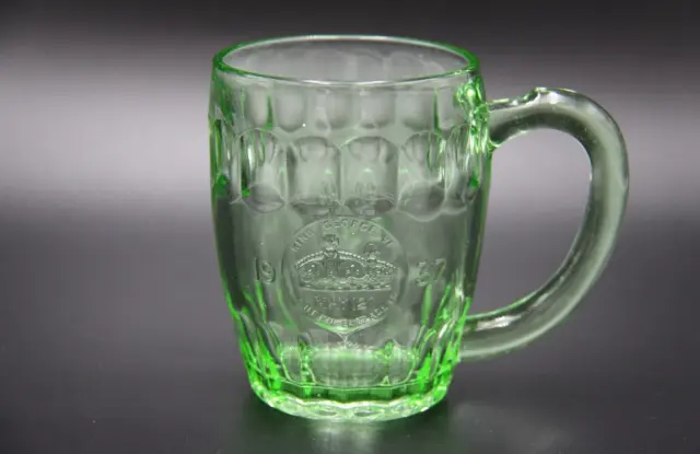 Vintage 1937 King George VI Royal Coronation Green Depression Glass Beer Mug