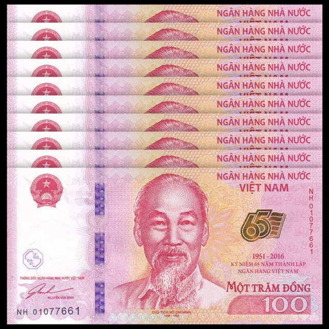 Lot 10 PCS, Vietnam 100 Dong, 2016, P-125 New, 65th COMM., Banknotes, UNC