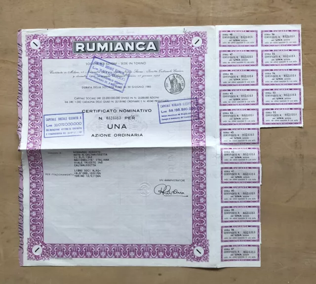 Rumianca Torino Certificato 1 Azione 1964