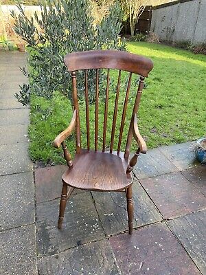 19th C Solid Elm High Stick Back Windsor Arm Chair 2