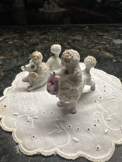 Vintage Japan pair White Poodle Poodles Figures popcorn Porcelain Ceramic